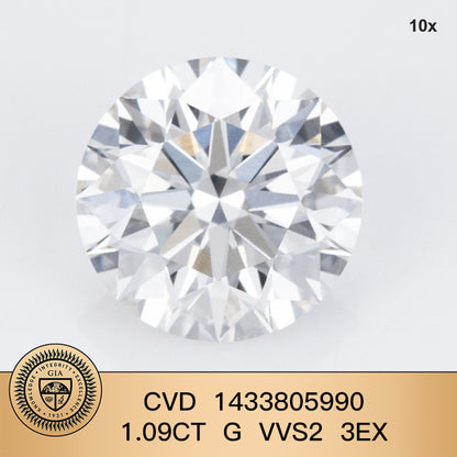 1.09 Carat G Laboratory Grown Diamond VVS2 GIA CVD NONE 3EX