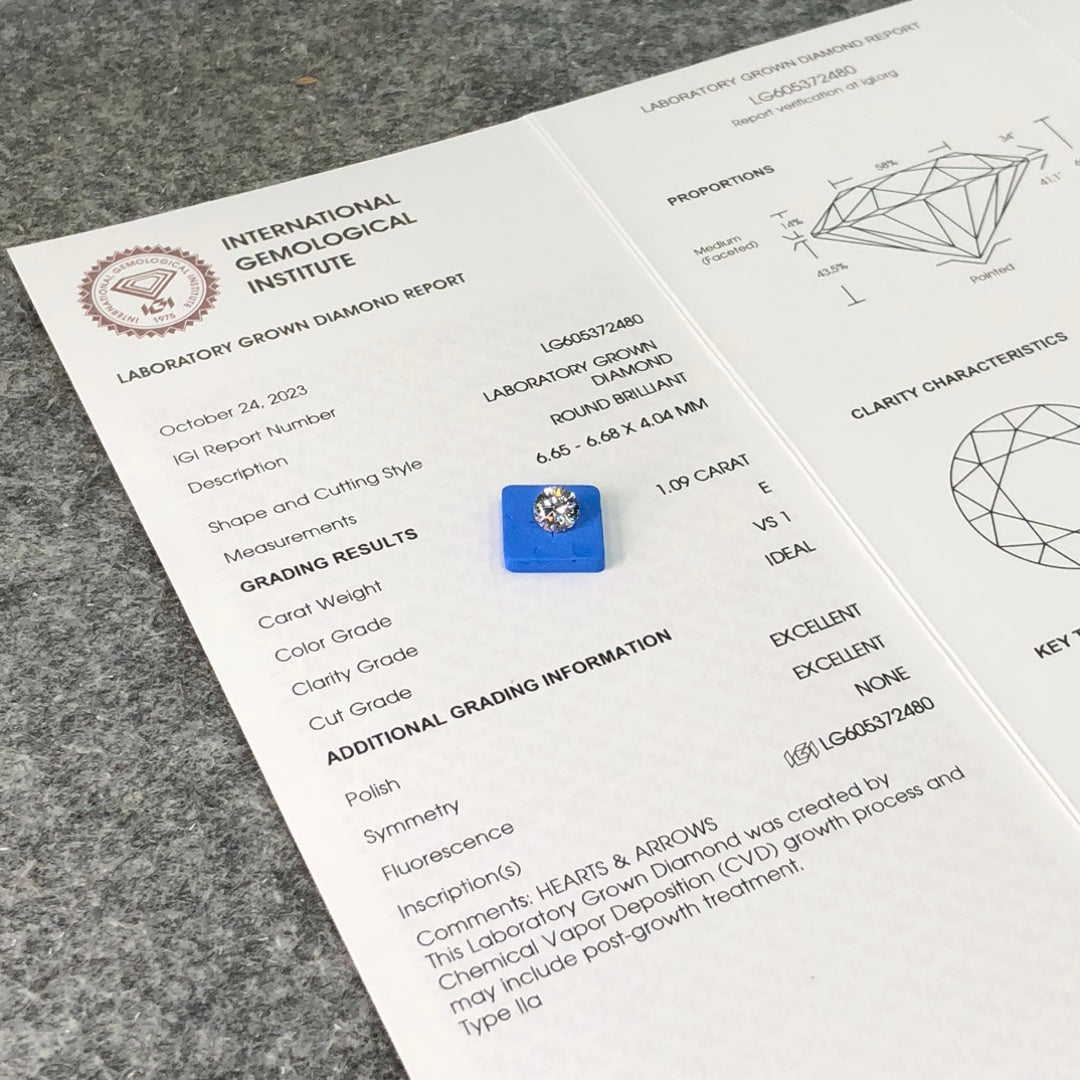 Diamant rond de 1,09 carat, cultivé en laboratoire, VS1 IGI E CVD N, taille idéale excellente 