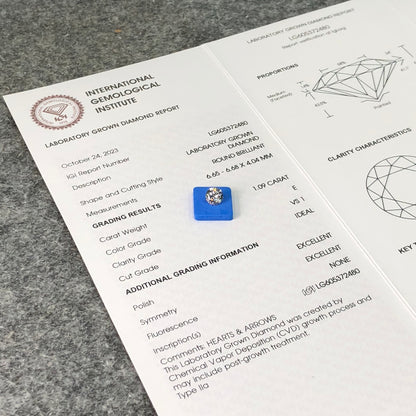 Diamant rond de 1,09 carat, cultivé en laboratoire, VS1 IGI E CVD N, taille idéale excellente 