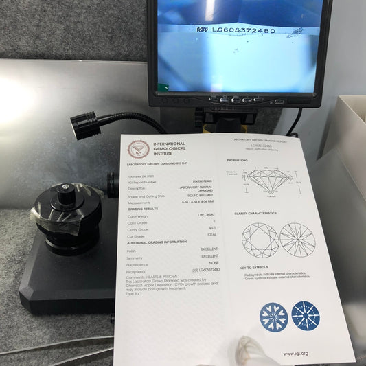Diamant rond de 1,09 carat, cultivé en laboratoire, VS1 IGI E CVD N, taille idéale excellente 