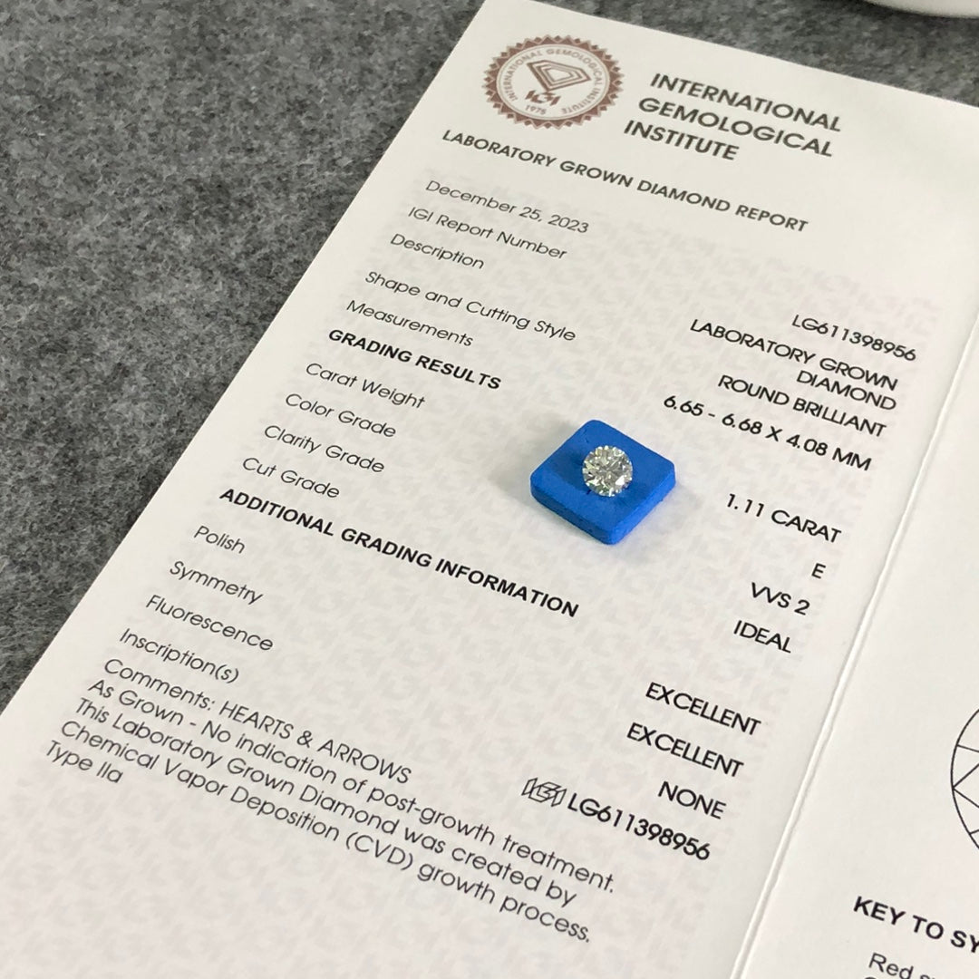 Diamant synthétique de 1,11 carat, certifié E VVS2 CVD, certifié IGI, idéal pour la vente en gros 