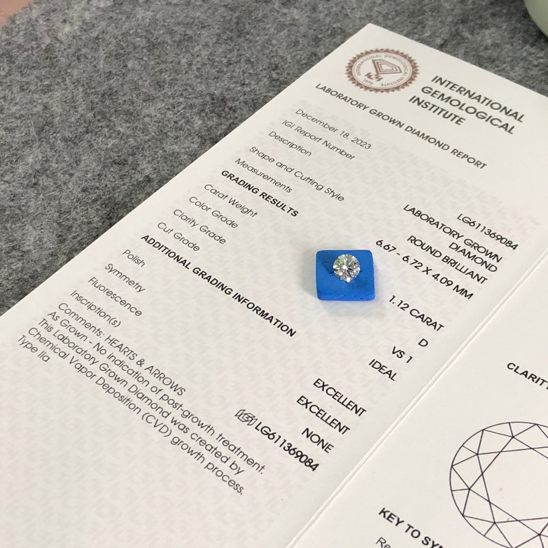 Diamant synthétique rond de 1,12 carat, fabriqué en laboratoire, certifié D VS1 CVD, certifié IGI 