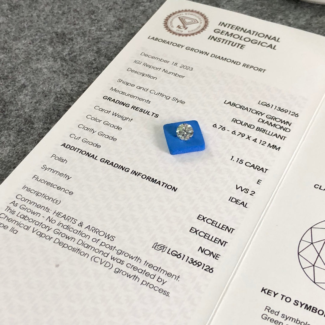 Diamant synthétique rond de 1,15 carat, fabriqué en laboratoire, certifié E VVS2 CVD, certifié IGI 