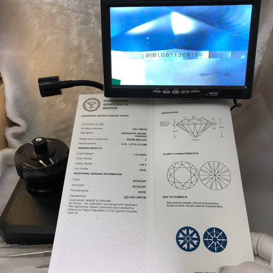 Diamant synthétique rond de 1,15 carat, fabriqué en laboratoire, certifié E VVS2 CVD, certifié IGI 