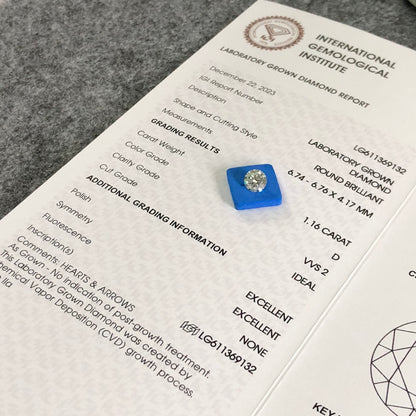 Diamant synthétique rond de 1,16 carat, certifié IGI, fabriqué en laboratoire, D VVS2 CVD 