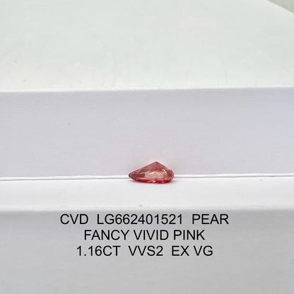 Diamant synthétique de 1,16 carat, taille poire rose vif fantaisie, CVD, EX VG, VVS2 