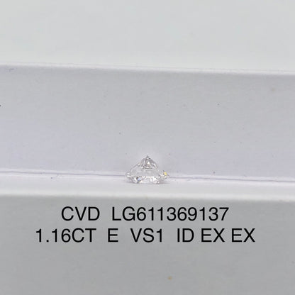 Diamant synthétique rond de 1,16 carat, certifié IGI, VS1 E CVD N Ideal 2EX 