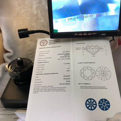 Diamant synthétique rond de 1,16 carat, certifié IGI, VS1 E CVD N Ideal 2EX 