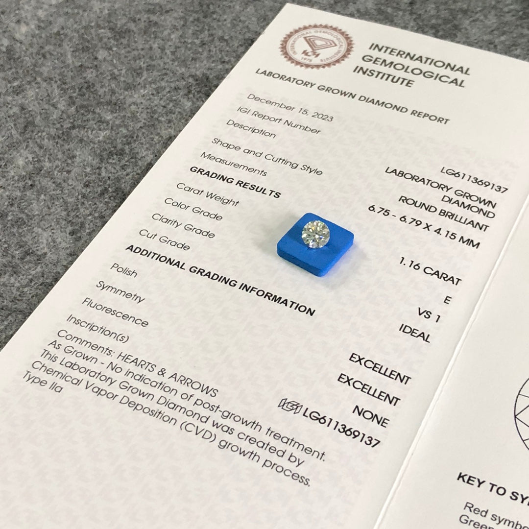 Diamant synthétique rond de 1,16 carat, certifié IGI, VS1 E CVD N Ideal 2EX 