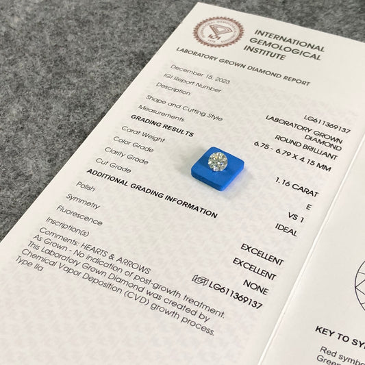 Diamant synthétique rond de 1,16 carat, certifié IGI, VS1 E CVD N Ideal 2EX 
