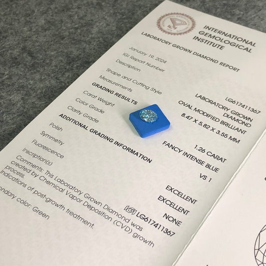 1.26 Carat Lab Grown Diamond Fancy Intense Blue VS1 2EX CVD Oval
