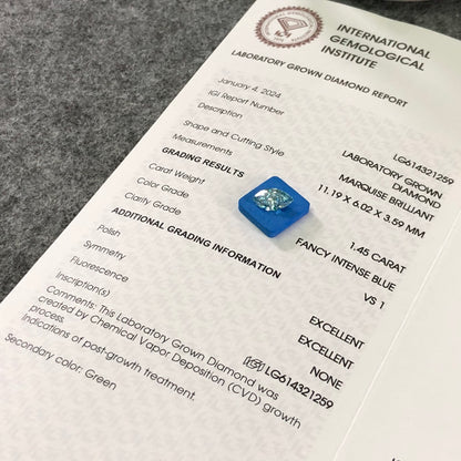 1.45 Carat Lab Grown Marquise Diamond Fancy Intense Blue VS1 2EX CVD