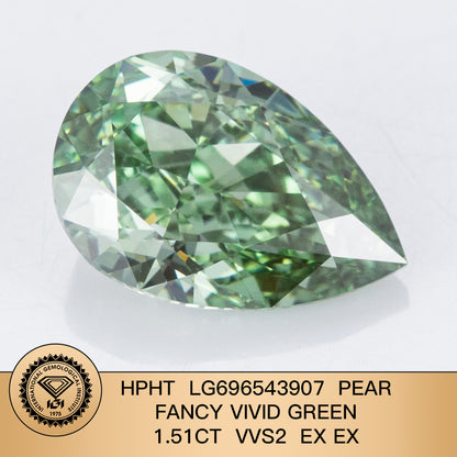 Diamant poire de 1,51 carat, cultivé en laboratoire, vert vif fantaisie 2EX VVS2 HPHT 