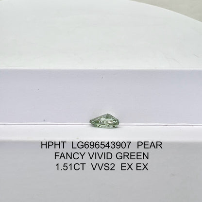 Diamant poire de 1,51 carat, cultivé en laboratoire, vert vif fantaisie 2EX VVS2 HPHT 