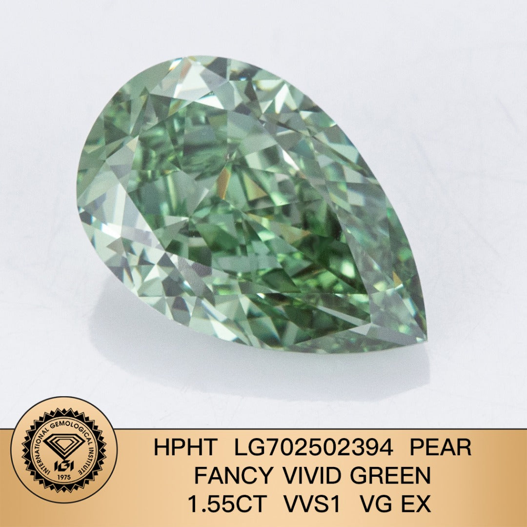 Diamant synthétique de 1,55 carat, taille poire, vert vif, qualité EX VG, VVS1, HPHT 