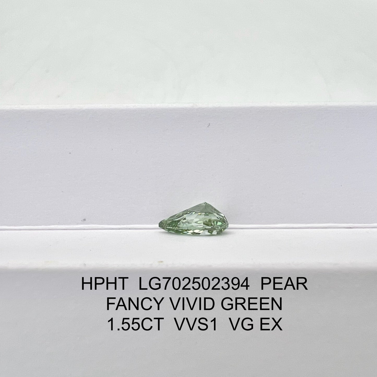 Diamant synthétique de 1,55 carat, taille poire, vert vif, qualité EX VG, VVS1, HPHT 