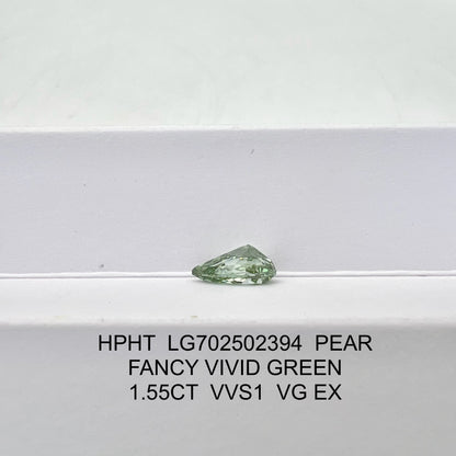 Diamant synthétique de 1,55 carat, taille poire, vert vif, qualité EX VG, VVS1, HPHT 