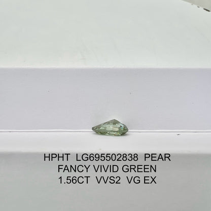 1.56 Carat Lab Grown Diamond Fancy Vivid Green Pear Shape VG EX VVS2 IGI Certified HPHT