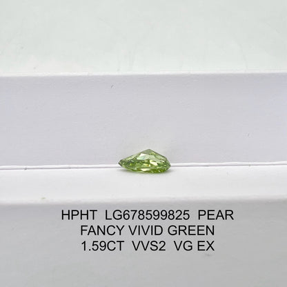 Diamant synthétique en forme de poire de 1,59 carat, taille fantaisie vert vif, VG EX HPHT 