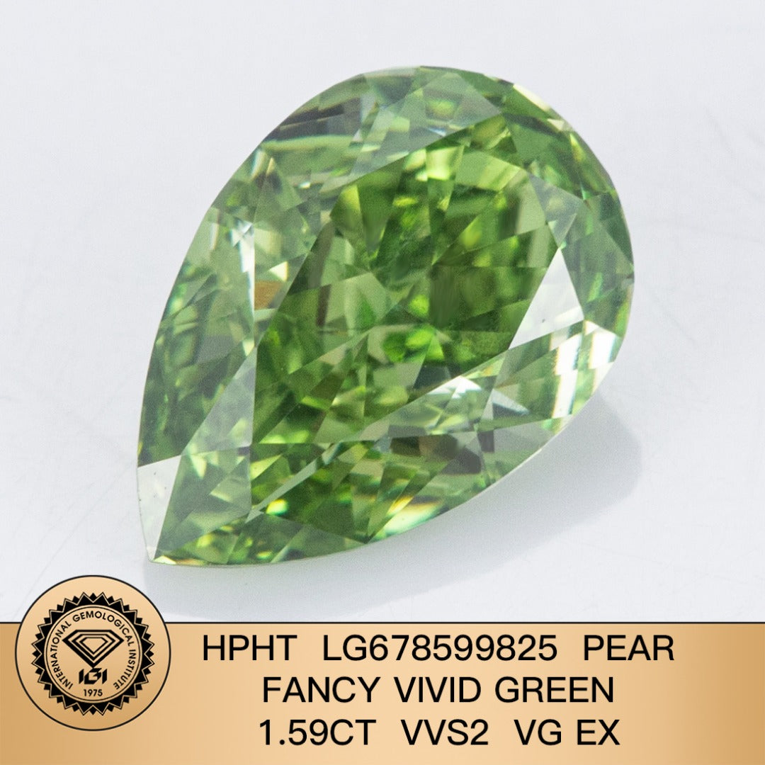 Diamant synthétique en forme de poire de 1,59 carat, taille fantaisie vert vif, VG EX HPHT 