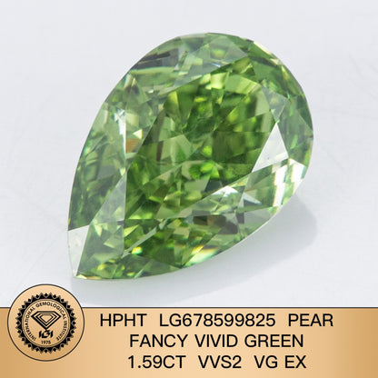 Diamant synthétique en forme de poire de 1,59 carat, taille fantaisie vert vif, VG EX HPHT 