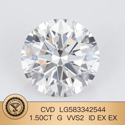 Diamant de laboratoire certifié IGI de 1,5 carat G VVS2 CVD, taille idéale 