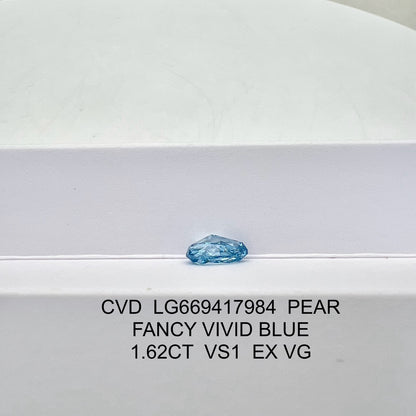 1.62 Carat Lab Grown Diamond Fancy Vivid Blue Pear Shape EX VG IGI Certified CVD VS1