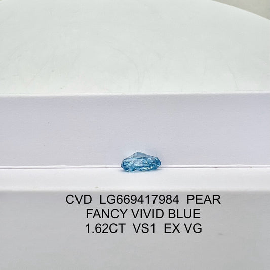 1.62 Carat Lab Grown Diamond Fancy Vivid Blue Pear Shape EX VG IGI Certified CVD VS1