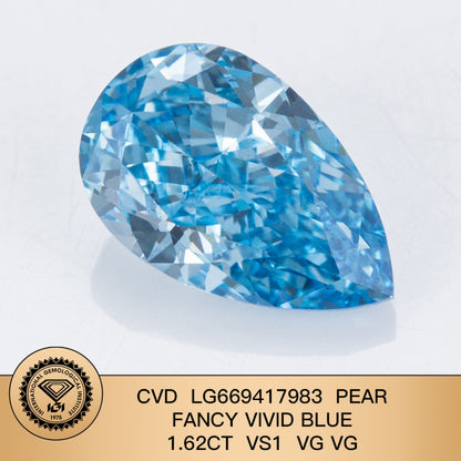 Diamant poire de 1,62 carat, cultivé en laboratoire, bleu vif fantaisie VS1 CVD 2VG 