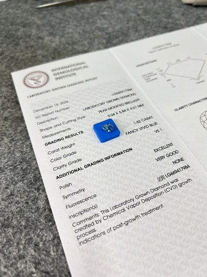 1.62 Carat Lab Grown Diamond Fancy Vivid Blue Pear Shape EX VG IGI Certified CVD VS1