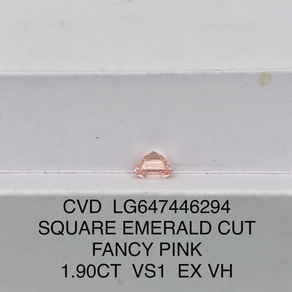 1.9 Carat Lab Grown Diamond Fancy Pink VS1 Square Emerald EX VG CVD Slight