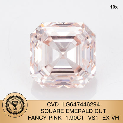 1.9 Carat Lab Grown Diamond Fancy Pink VS1 Square Emerald EX VG CVD Slight