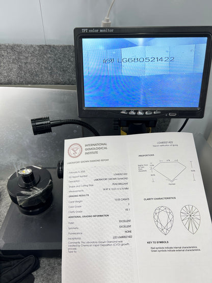 10.03 Carat IGI Certificate Lab Grown Pear Shape Diamond F VS1 2EX CVD