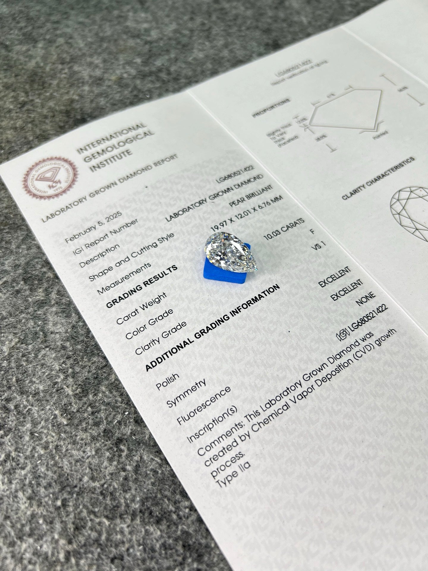10.03 Carat IGI Certificate Lab Grown Pear Shape Diamond F VS1 2EX CVD