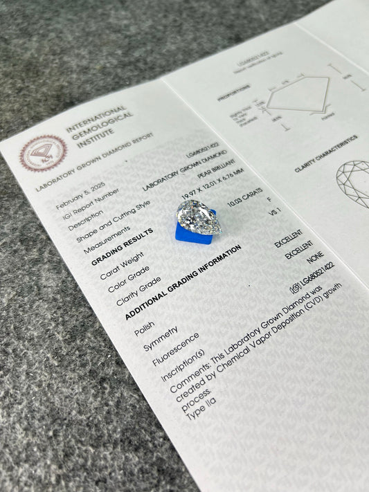 10.03 Carat IGI Certificate Lab Grown Pear Shape Diamond F VS1 2EX CVD