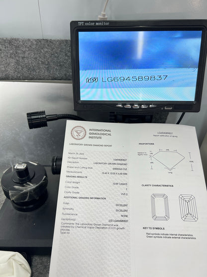 10.09 Carat IGI Certificate Lab Grown Emerald Diamond F VVS2 2EX CVD