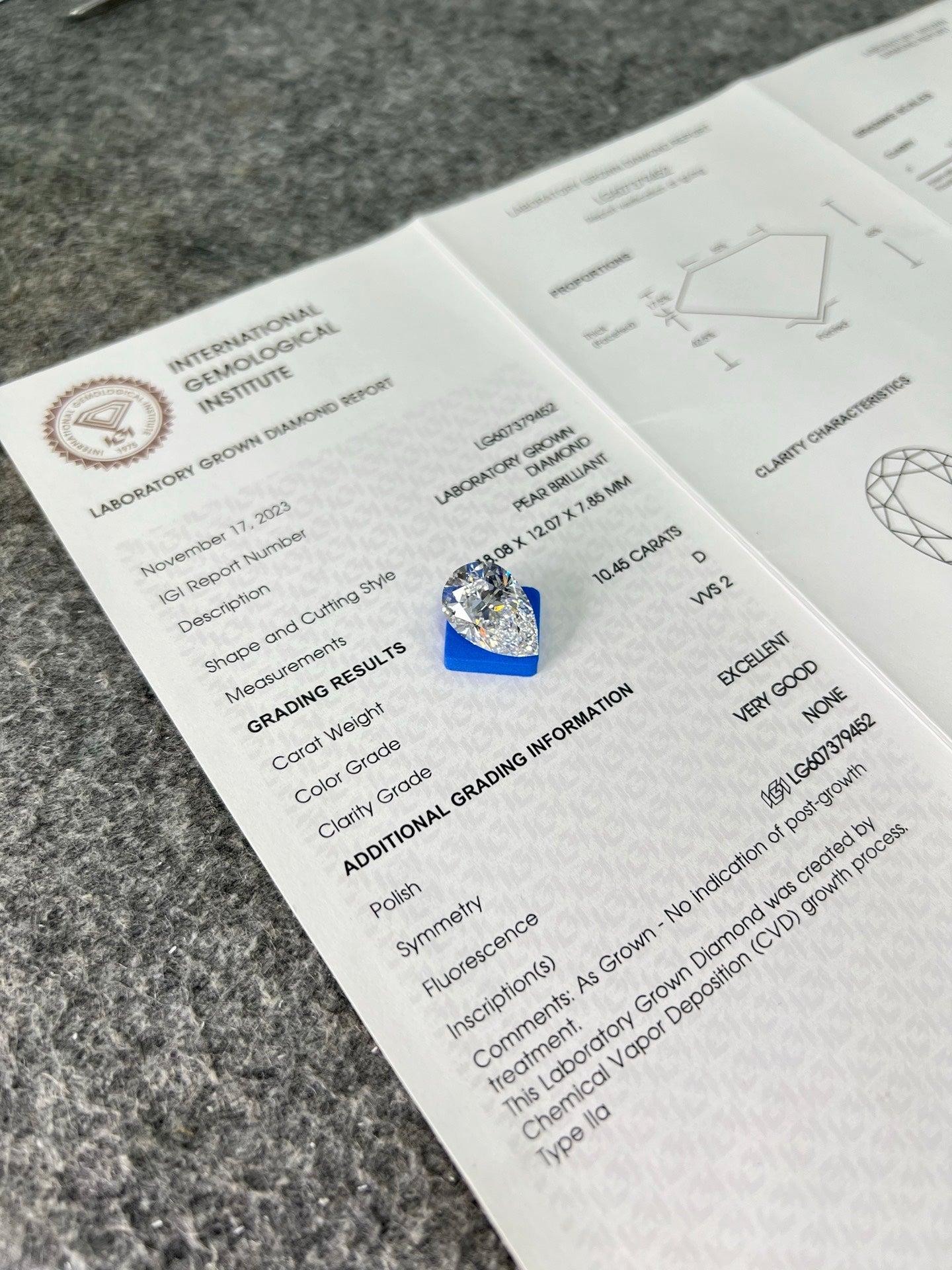 10.45 Carat IGI Certificate Lab Grown Pear Shape Diamond D VVS2 EX VG CVD