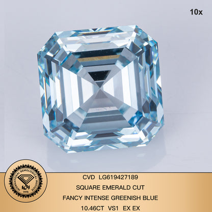 10.46 Carat Lab Grown Diamond Fancy Intense Greenish Blue VS1 Square Emerald 2EX CVD Wholesale