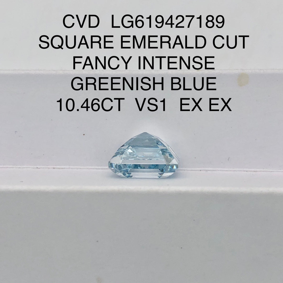 10.46 Carat Lab Grown Diamond Fancy Intense Greenish Blue VS1 Square Emerald 2EX CVD Wholesale