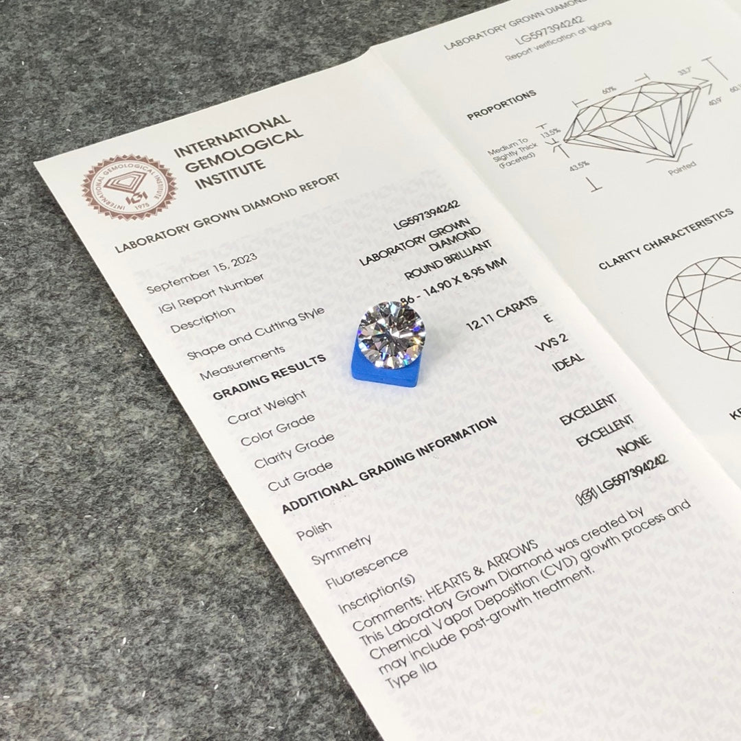 Diamant synthétique de 12,11 carats, certifié IGI, créé en laboratoire, E VVS2 ID 2EX CVD 