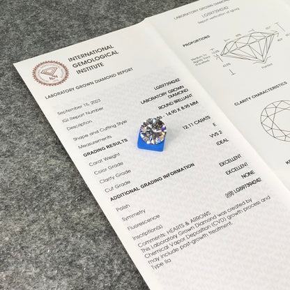 Diamant synthétique de 12,11 carats, certifié IGI, créé en laboratoire, E VVS2 ID 2EX CVD 