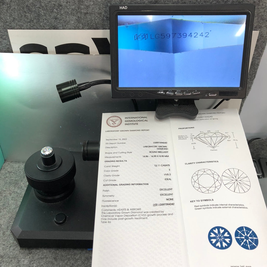 Diamant synthétique de 12,11 carats, certifié IGI, créé en laboratoire, E VVS2 ID 2EX CVD 