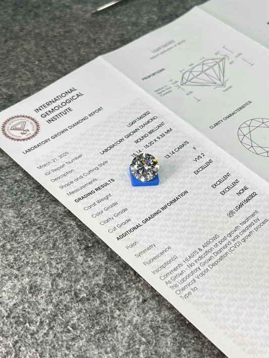 Lab Grown Diamond 13.14 Carat F VVS2 3EX IGI CVD NONE Fluorescence Round