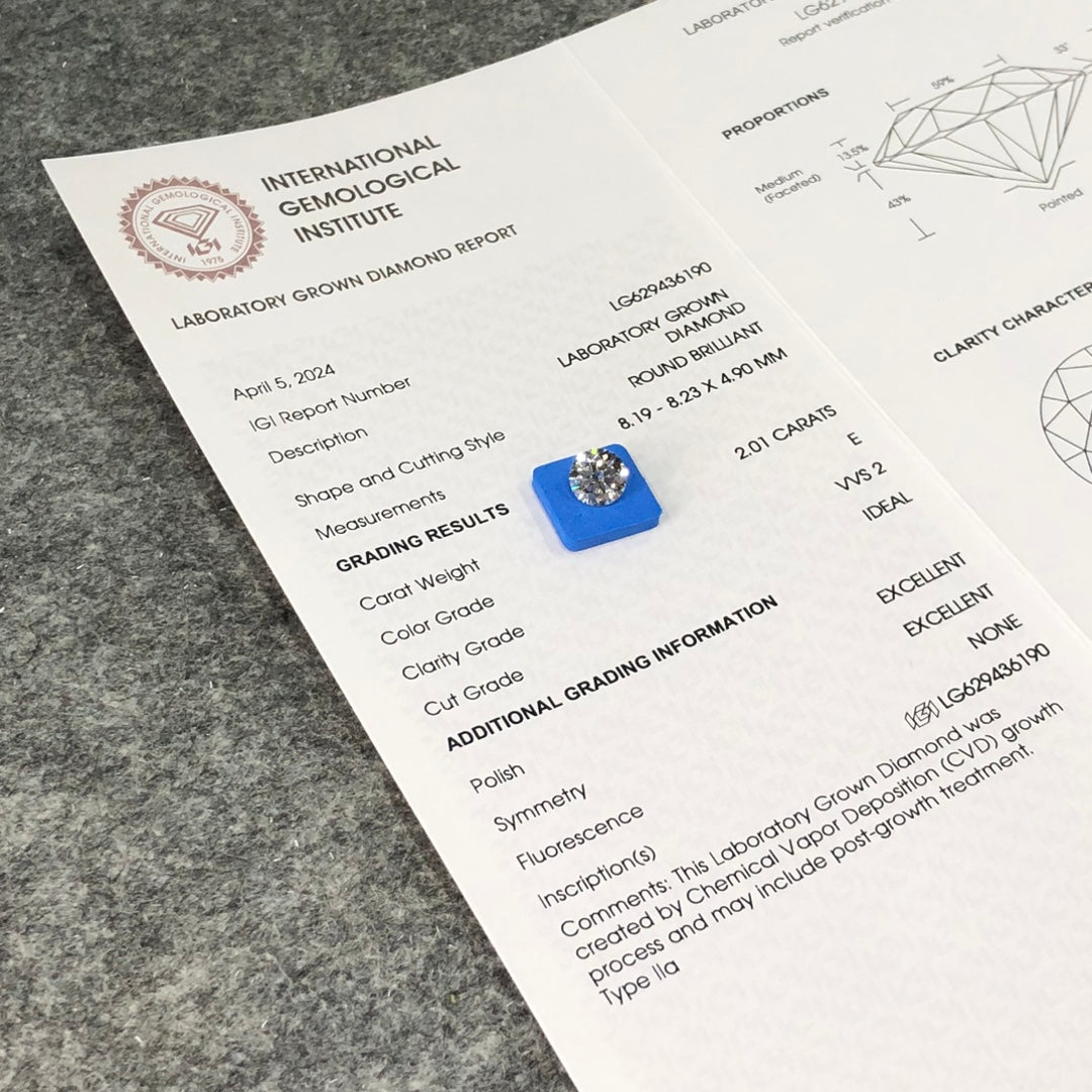 Diamant synthétique de 2,01 carats certifié IGI E 2Ex Ideal CVD VVS2 