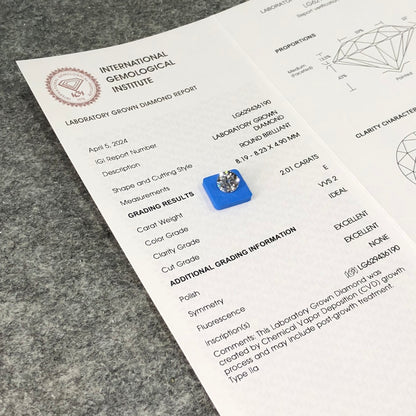 Diamant synthétique de 2,01 carats certifié IGI E 2Ex Ideal CVD VVS2 