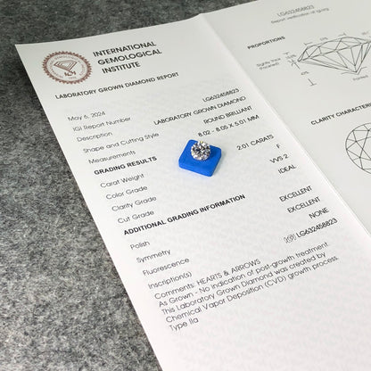 Diamant de laboratoire de 2,01 carats, certifié IGI, créé en laboratoire, F VVS2 ID 2EX CVD 