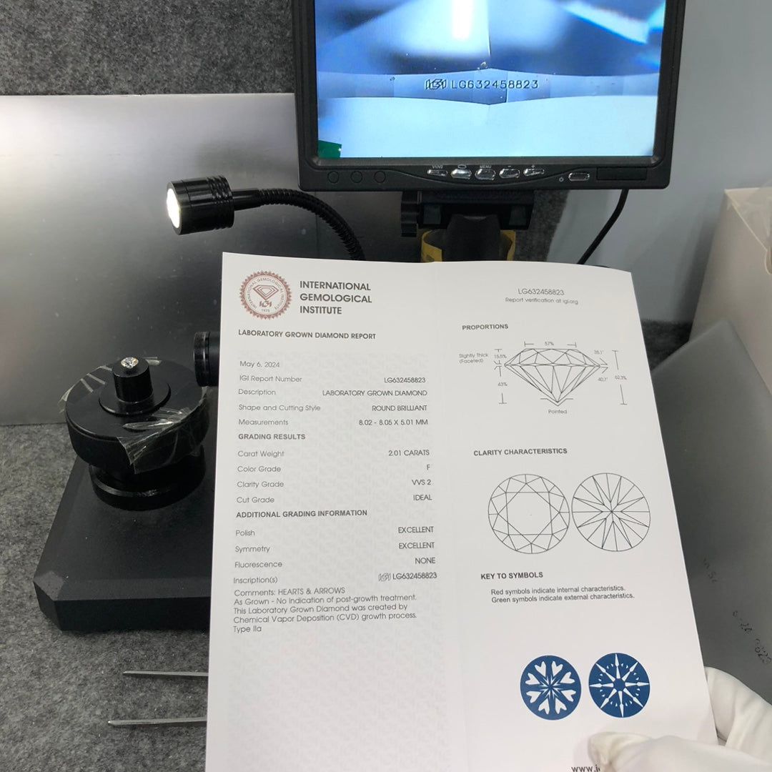 Diamant de laboratoire de 2,01 carats, certifié IGI, créé en laboratoire, F VVS2 ID 2EX CVD 