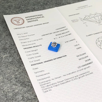 2.02 Carat IGI Certified Lab Grown Diamond Created Diamond F VVS2 ID 2EX CVD