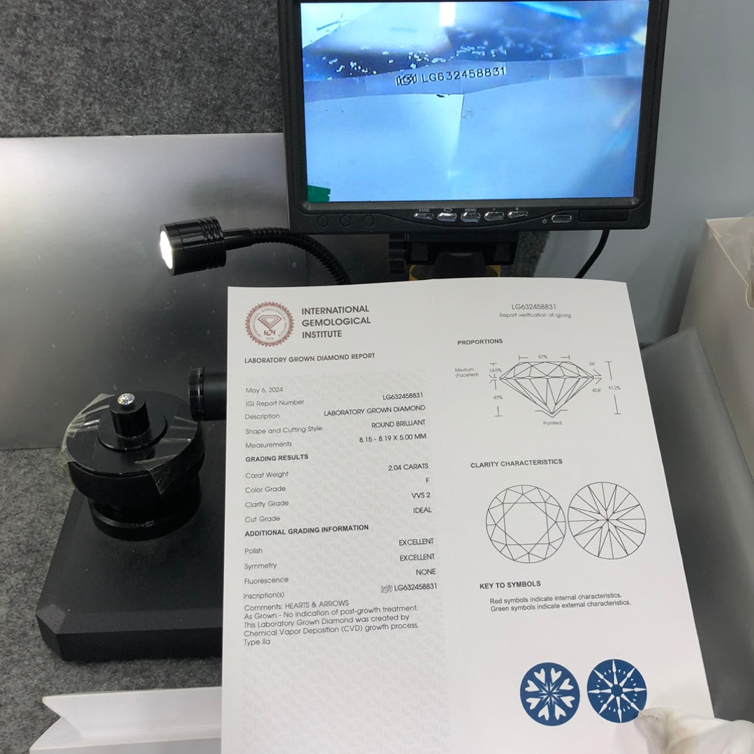 Diamant de 2,04 carats certifié IGI, créé en laboratoire, F VVS2 ID 2EX CVD 