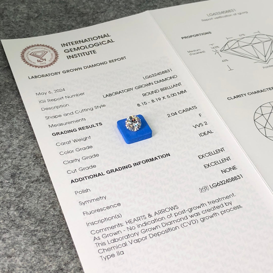 Diamant de 2,04 carats certifié IGI, créé en laboratoire, F VVS2 ID 2EX CVD 